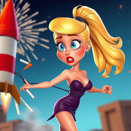 A sexy blonde 3D toon woman with bright blue eyes and striking red lips, wearing a very revealing dress