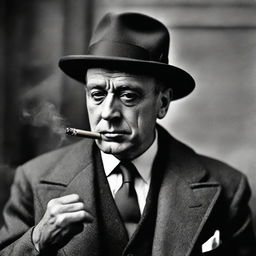 Portrait of an English gangster from the post-WW2 era, distinguished in his attire, stoically smoking a cigarette.