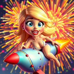 A sexy blonde 3D cartoon woman with striking blue eyes and bold red lips, wearing a revealing and playful dress