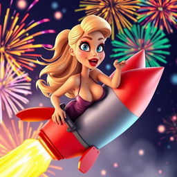 A sexy blonde 3D cartoon woman with striking blue eyes and bold red lips, wearing a revealing and playful dress