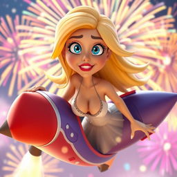 A sexy blonde 3D cartoon woman with striking blue eyes and bold red lips, wearing a revealing and playful dress