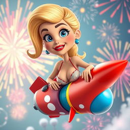 A sexy blonde 3D cartoon woman with striking blue eyes and bold red lips, wearing a revealing and playful dress