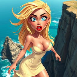 A sexy blonde 3D toon woman with striking blue eyes and bold red lips, wearing a revealing dress that is dramatically falling off her body
