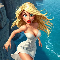 A sexy blonde 3D toon woman with striking blue eyes and bold red lips, wearing a revealing dress that is dramatically falling off her body