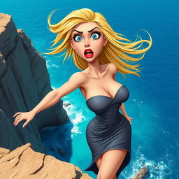 A sexy blonde 3D toon woman with striking blue eyes and bold red lips, wearing a revealing dress that is dramatically falling off her body