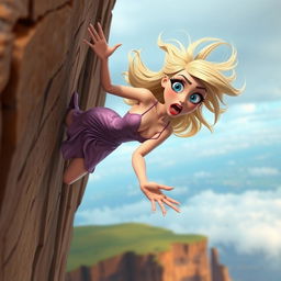 A sexy blonde 3D toon woman with striking blue eyes and vibrant red lips, wearing a revealing dress that is dramatically falling off her body