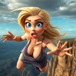 A sexy blonde 3D toon woman with striking blue eyes and vibrant red lips, wearing a revealing dress that is dramatically falling off her body