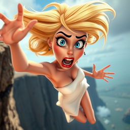 A sexy blonde 3D toon woman with striking blue eyes and vibrant red lips, wearing a revealing dress that is dramatically falling off her body