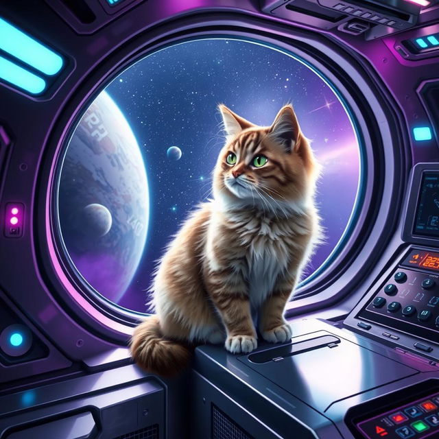 A realistic image of a cat sitting inside a sleek, futuristic spaceship