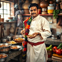 A traditional Bangladeshi chef (baburchi) standing proudly in a vibrant kitchen