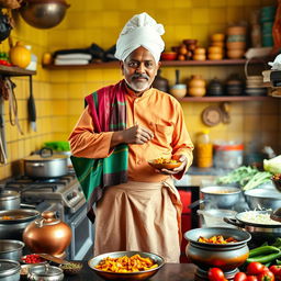 A traditional Bangladeshi chef (baburchi) standing proudly in a vibrant kitchen