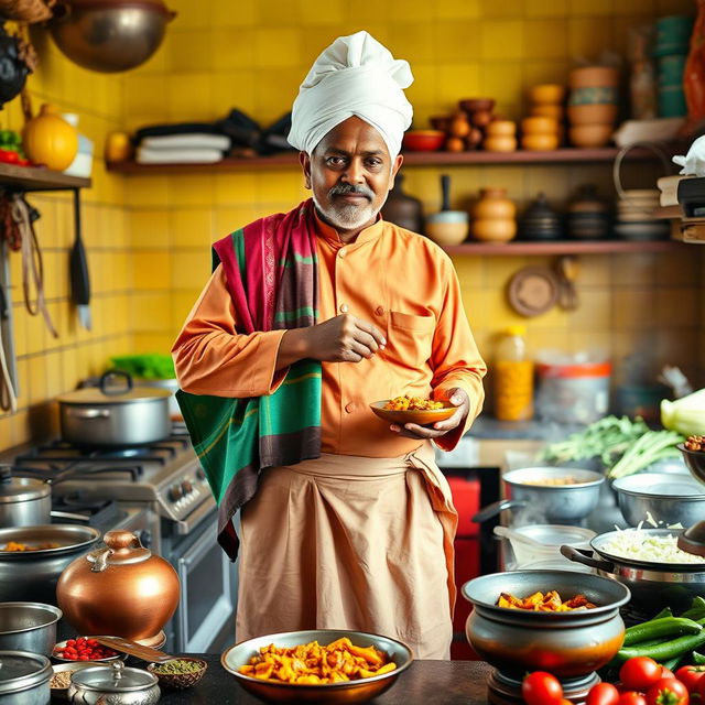 A traditional Bangladeshi chef (baburchi) standing proudly in a vibrant kitchen