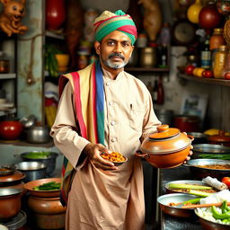 A traditional Bangladeshi chef (baburchi) standing proudly in a vibrant kitchen
