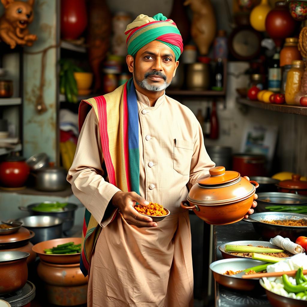 A traditional Bangladeshi chef (baburchi) standing proudly in a vibrant kitchen