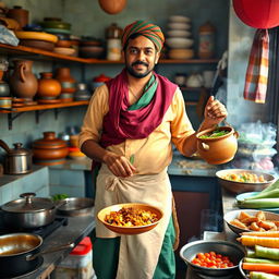 A traditional Bangladeshi chef (baburchi) standing proudly in a vibrant kitchen