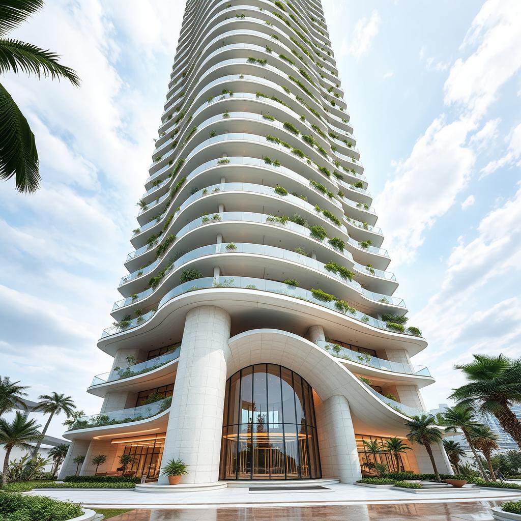 A dynamic 15-story tower design inspired by ocean waves, stretching towards the sky and conveying a sense of movement and nature
