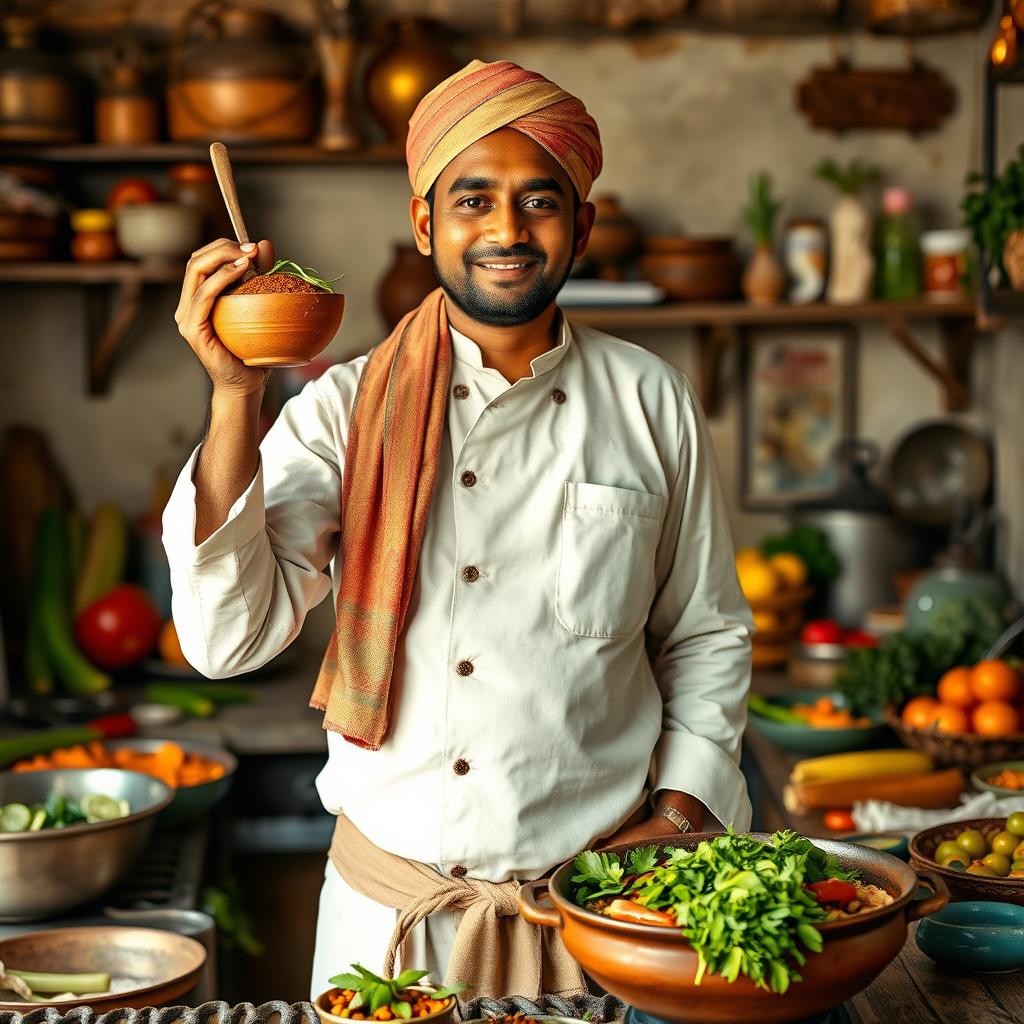 A skilled Bangladeshi chef (baburchi) in an authentic kitchen setting, dressed in a traditional gamsa draped over his shoulder and a lungi around his waist