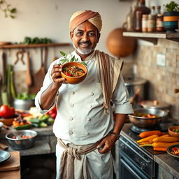 A skilled Bangladeshi chef (baburchi) in an authentic kitchen setting, dressed in a traditional gamsa draped over his shoulder and a lungi around his waist