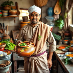 A skilled Bangladeshi chef (baburchi) in an authentic kitchen setting, dressed in a traditional gamsa draped over his shoulder and a lungi around his waist