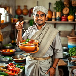A skilled Bangladeshi chef (baburchi) in an authentic kitchen setting, dressed in a traditional gamsa draped over his shoulder and a lungi around his waist