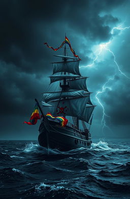 A dramatic scene of a pirate ship sailing on a dark, tumultuous sea under a stormy sky