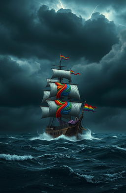 A dramatic scene of a pirate ship sailing on a dark, tumultuous sea under a stormy sky