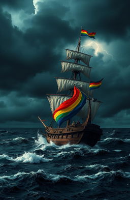 A dramatic scene of a pirate ship sailing on a dark, tumultuous sea under a stormy sky