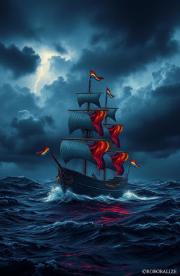 A dramatic scene of a pirate ship sailing on a dark, tumultuous sea under a stormy sky