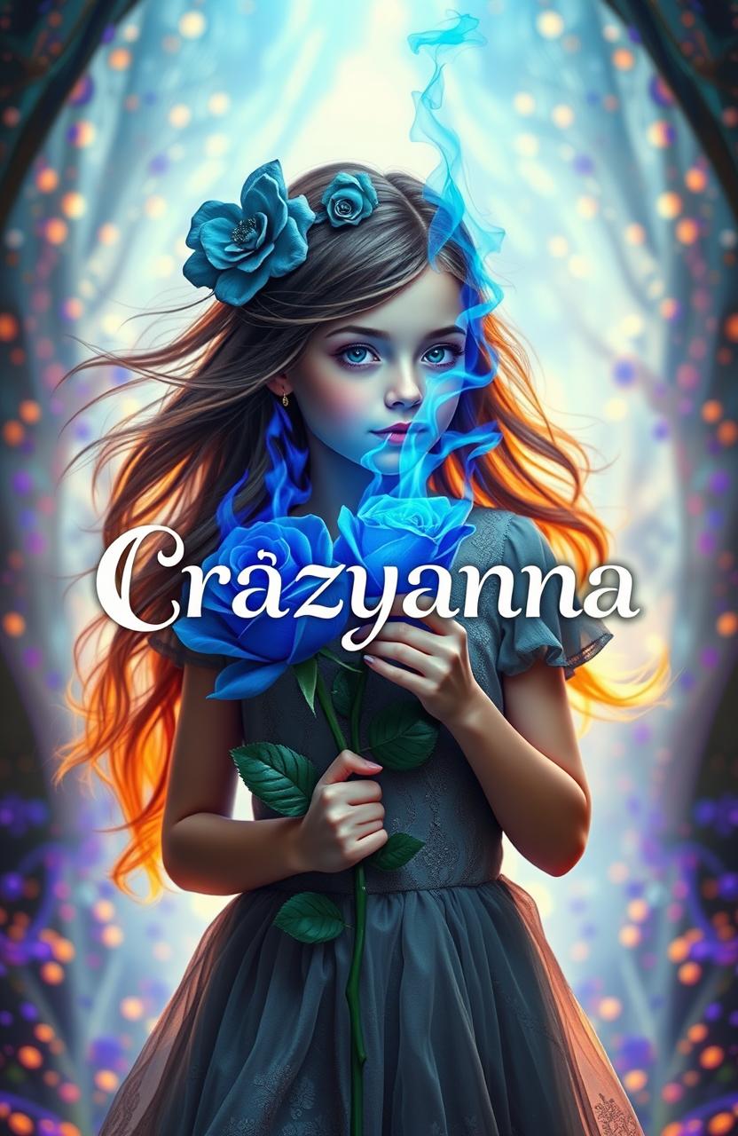 A surreal image of a girl holding a blue rose that is on fire with vibrant blue flames