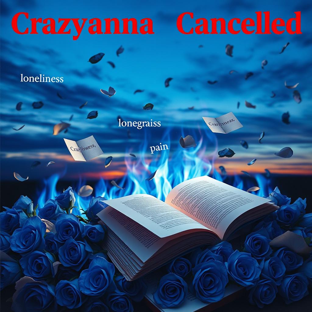 A surreal scene depicting blue flames rising beautifully against a twilight sky