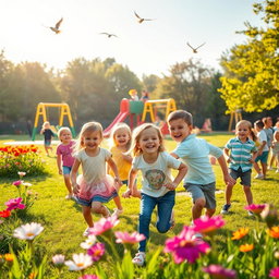A vibrant, lively playground filled with children playing happily
