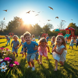 A vibrant, lively playground filled with children playing happily