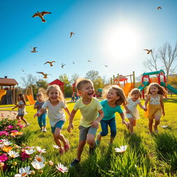 A vibrant, lively playground filled with children playing happily