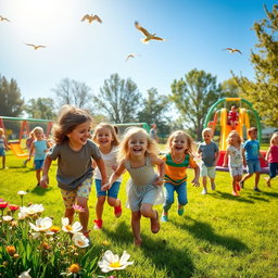 A vibrant, lively playground filled with children playing happily