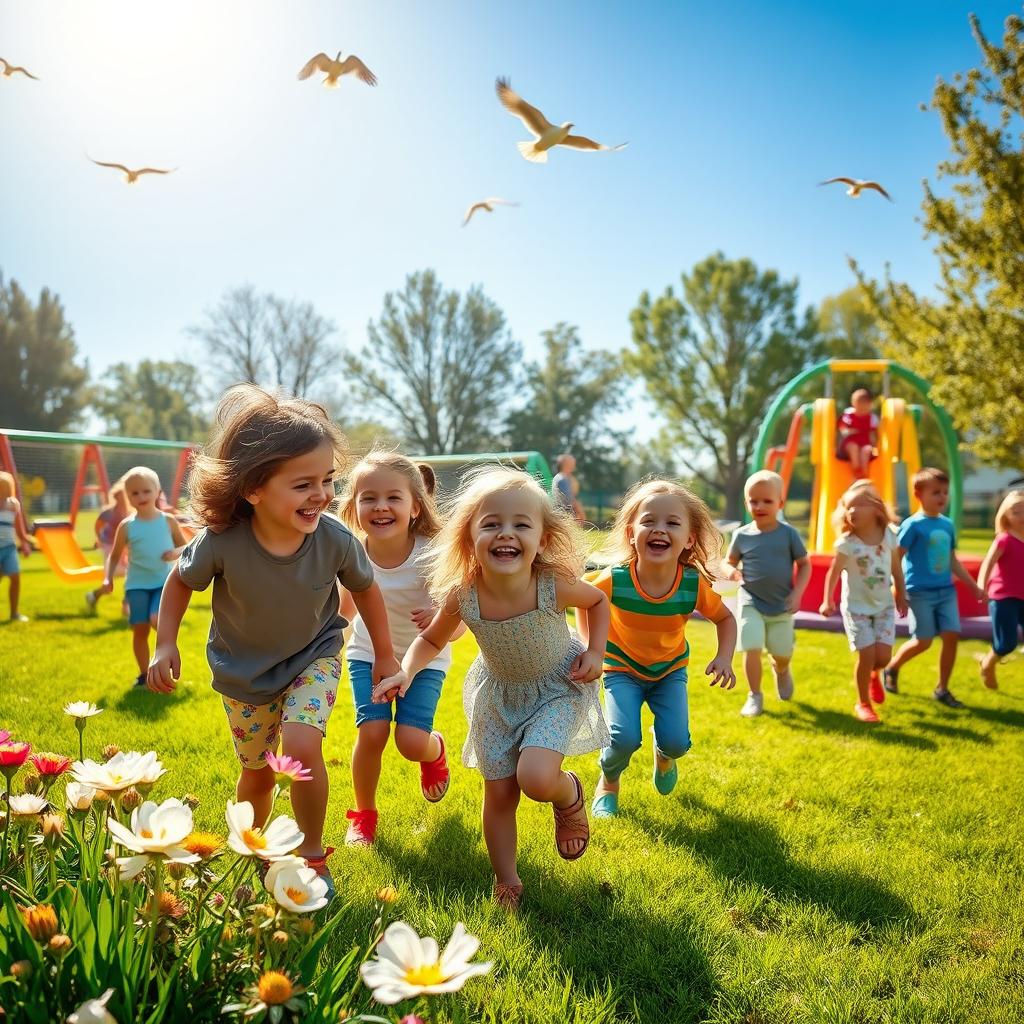 A vibrant, lively playground filled with children playing happily