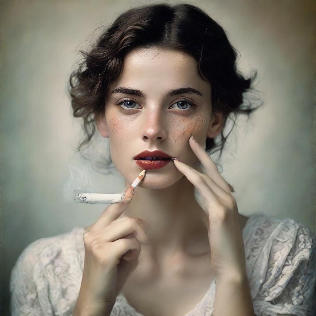 Transform the young man's portrait into an image of a young woman delicately holding a cigarette, her eyes mirroring the same depth and award-winning emotion, her femininity adding a new dimension to the story.