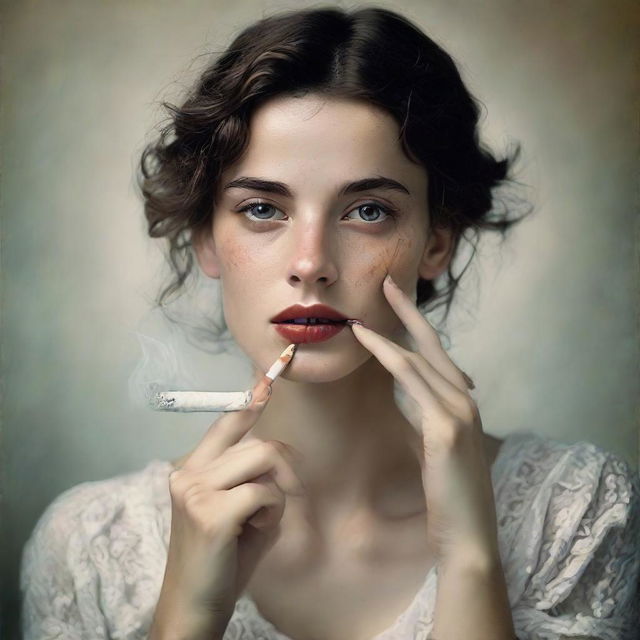 Transform the young man's portrait into an image of a young woman delicately holding a cigarette, her eyes mirroring the same depth and award-winning emotion, her femininity adding a new dimension to the story.