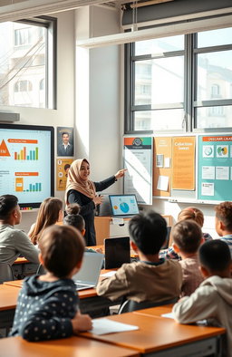 A Muslim female teacher passionately instructing a diverse group of students in a modern 21st-century classroom