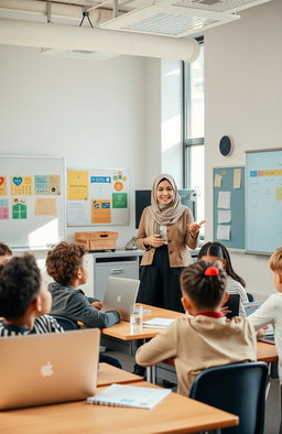 A Muslim female teacher passionately instructing a diverse group of students in a modern 21st-century classroom