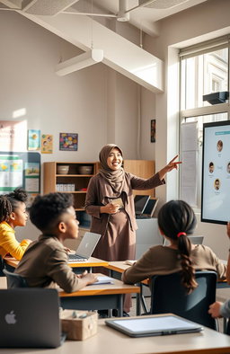 A Muslim female teacher passionately instructing a diverse group of students in a modern 21st-century classroom