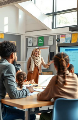A Muslim female teacher passionately instructing a diverse group of students in a modern 21st-century classroom
