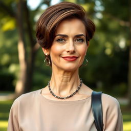 A stylish Russian woman aged 45-50, exuding confidence and elegance with a fashionable hairstyle that complements her features