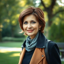 A stylish Russian woman aged 45-50, exuding confidence and elegance with a fashionable hairstyle that complements her features