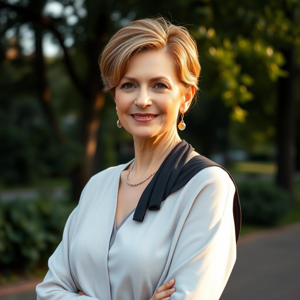 A stylish Russian woman aged 45-50, exuding confidence and elegance with a fashionable hairstyle that complements her features