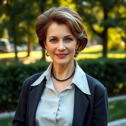 A stylish Russian woman aged 45-50, exuding confidence and elegance with a fashionable hairstyle that complements her features