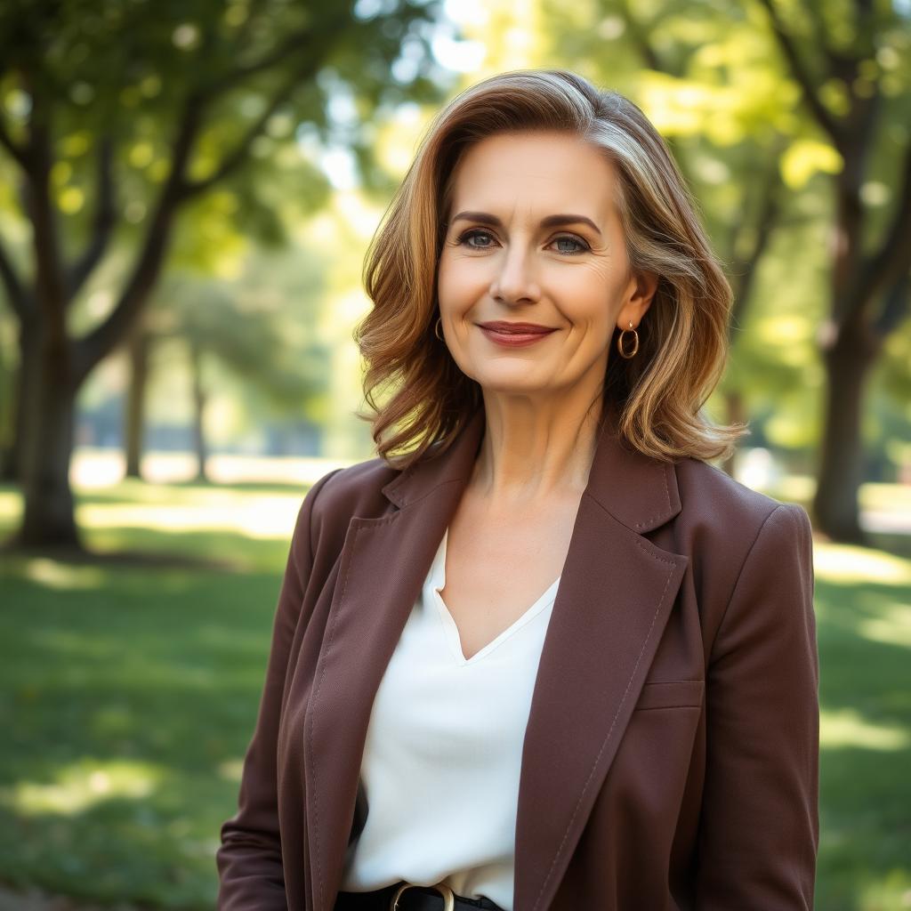 A stylish Russian woman aged 45-50, radiating confidence with a fashionable hairstyle that highlights her elegant features
