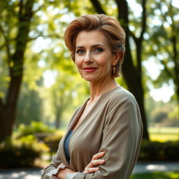 A stylish Russian woman aged 45-50, radiating confidence with a fashionable hairstyle that highlights her elegant features