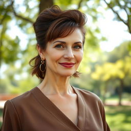 A stylish Russian woman aged 45-50, radiating confidence with a fashionable hairstyle that highlights her elegant features