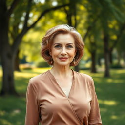 A stylish Russian woman aged 45-50, radiating confidence with a fashionable hairstyle that highlights her elegant features