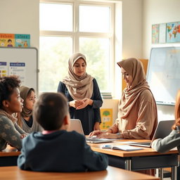 A scene depicting a female Muslim teacher in a classroom setting, teaching students with modern technology in the 21st century
